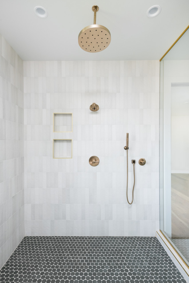 Large transitional master bathroom in Denver with a shower/bathtub combo, white tile, ceramic tile, white walls, porcelain floors, green floor, an open shower and a niche.