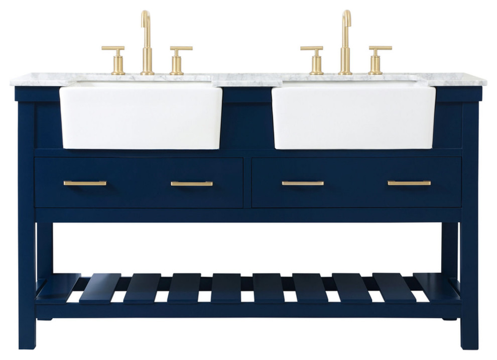 60" Double Bathroom Vanity, Blue, Vf60160Dbl Transitional Bathroom