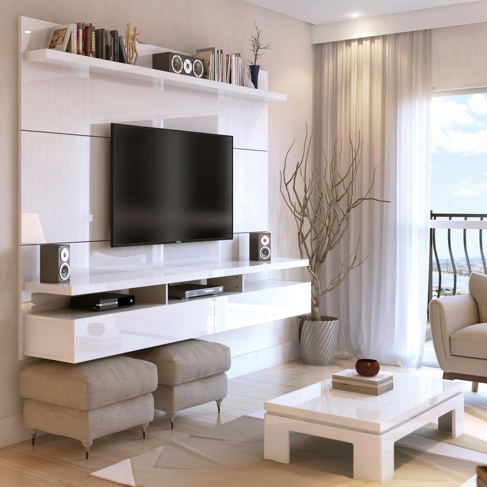 Design ideas for a contemporary home theatre in New York with a wall-mounted tv.