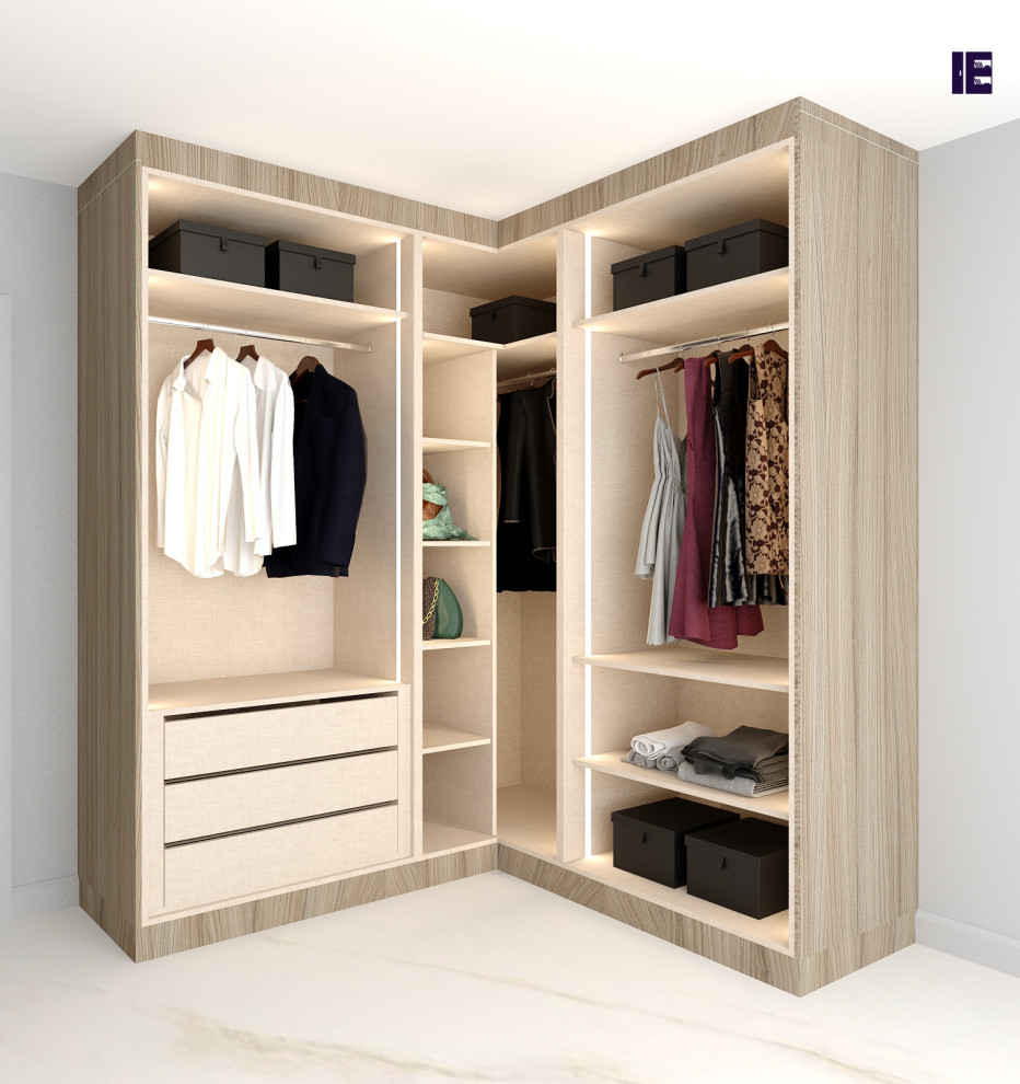 Design ideas for a large contemporary built-in wardrobe in London with flat-panel cabinets and medium wood cabinets.
