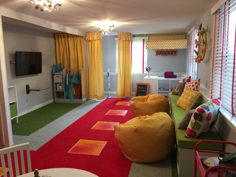 Design ideas for a large contemporary gender-neutral kids' bedroom for kids 4-10 years old in DC Metro with grey walls, carpet and multi-coloured floor.