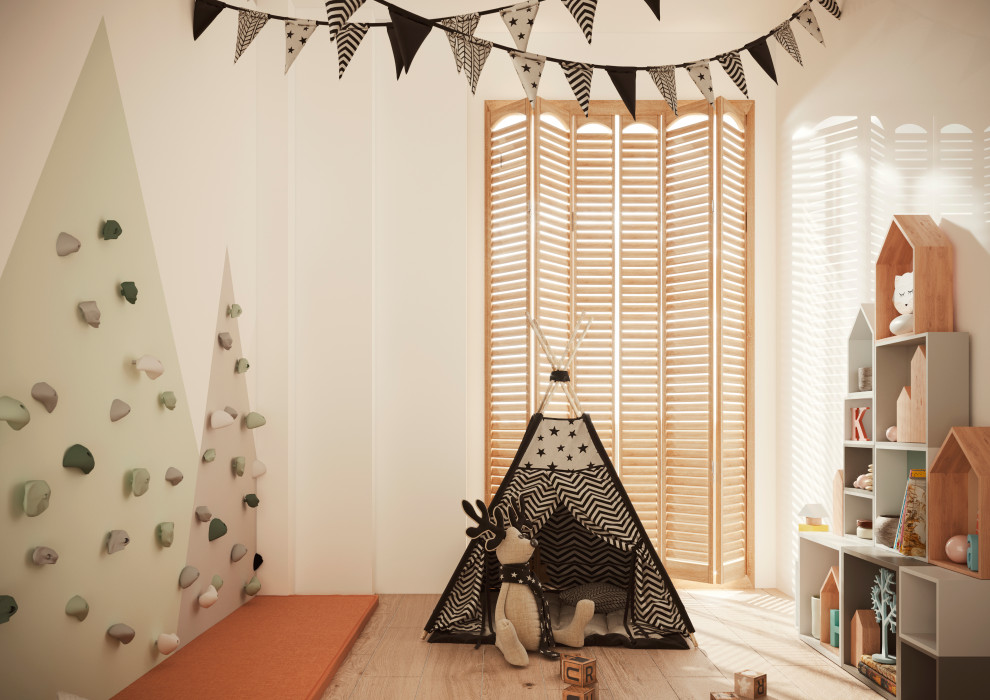 Ispirazione per una piccola cameretta per bambini da 1 a 3 anni minimalista con pareti bianche, parquet chiaro e pavimento marrone