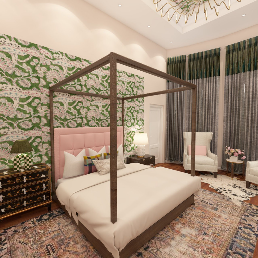 Cette photo montre une grande chambre parentale éclectique avec un mur vert, parquet foncé, un sol marron, un plafond voûté et du lambris.