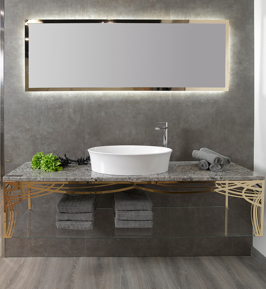 Inspiration for a mid-sized contemporary powder room in Other with open cabinets, a vessel sink and granite benchtops.
