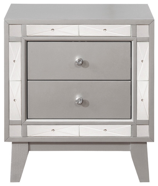 Contemporary Nightstand, Poplar Wood Frame With Mirrored Accents