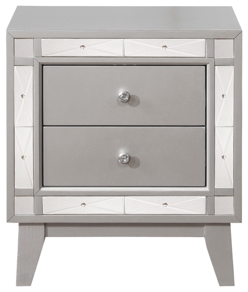 Contemporary Nightstand, Poplar Wood Frame With Mirrored Accents, Silver/Pewter Contemporary