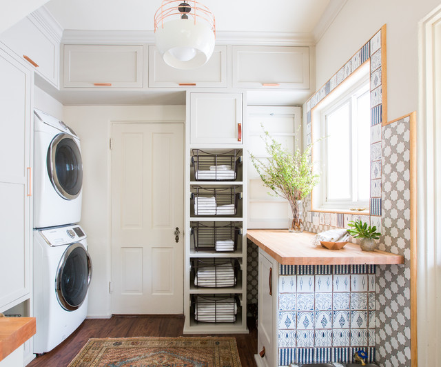 Transitional Blue Serene Mudroom Laundry Room Makeover with 4 Must