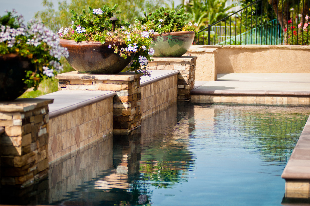 Foto di una piscina monocorsia mediterranea rettangolare di medie dimensioni e dietro casa con paesaggistica bordo piscina e lastre di cemento