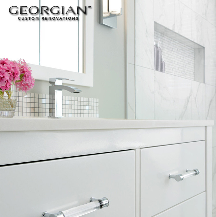 Inspiration for a transitional multicolored tile and stone tile marble floor alcove shower remodel with flat-panel cabinets, white cabinets, gray walls, an undermount sink and quartz countertops