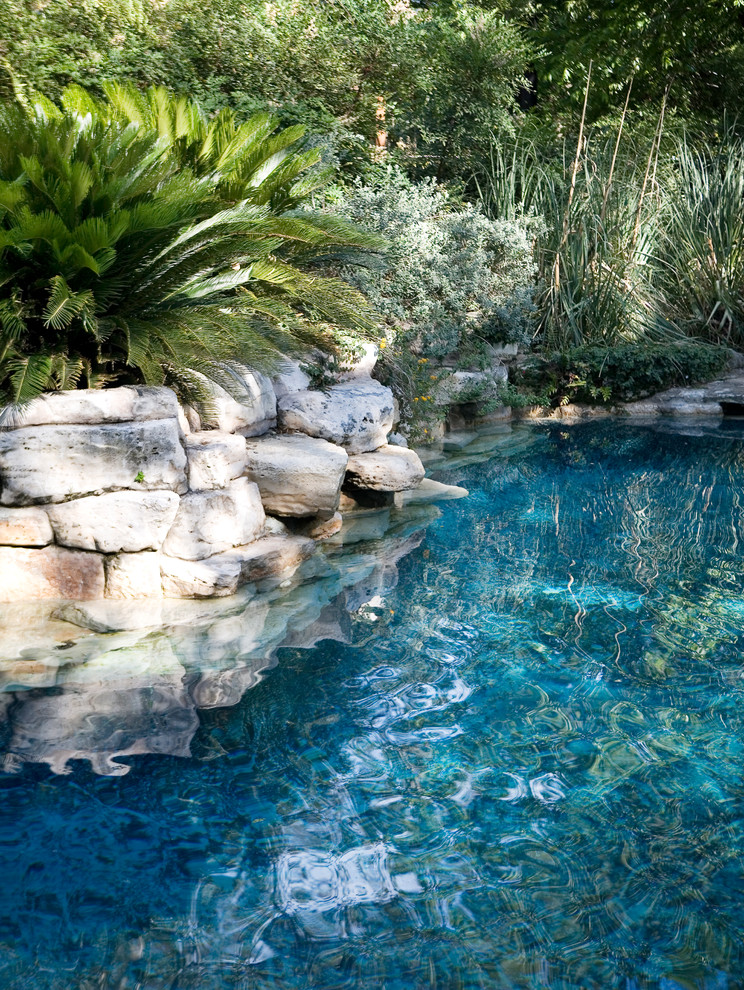 Photo of a mid-sized country backyard custom-shaped natural pool in Austin with brick pavers and a hot tub.