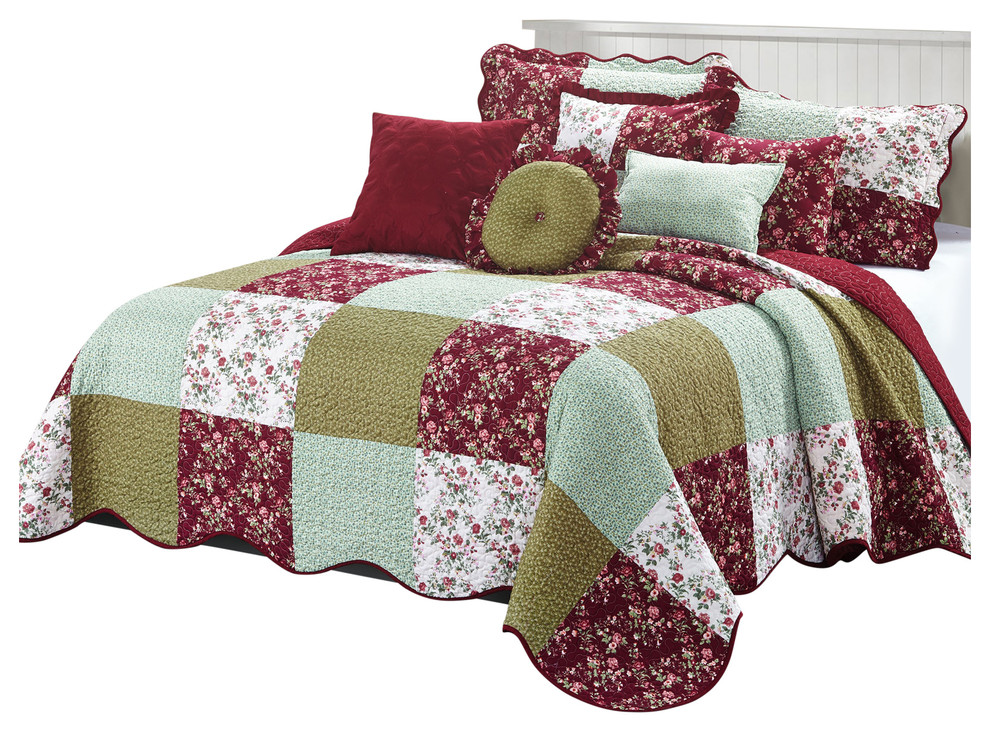 Patchwork Quilted 8Piece Bed Spread Coverlet Set Contemporary