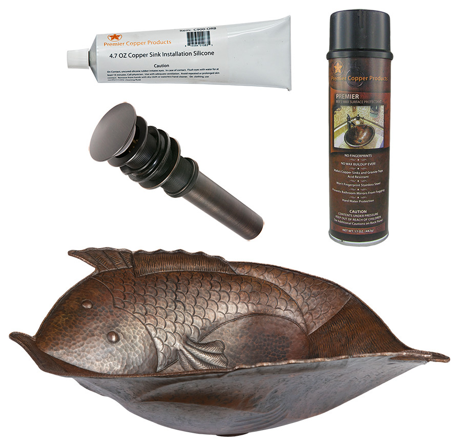 Two Fish Vessel Hammered Copper Sink, Drain & Accessories Beach Style