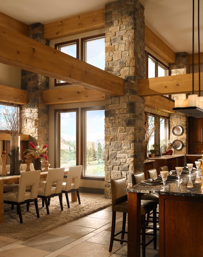 Mid-sized country open plan dining in St Louis with beige walls, ceramic floors and no fireplace.