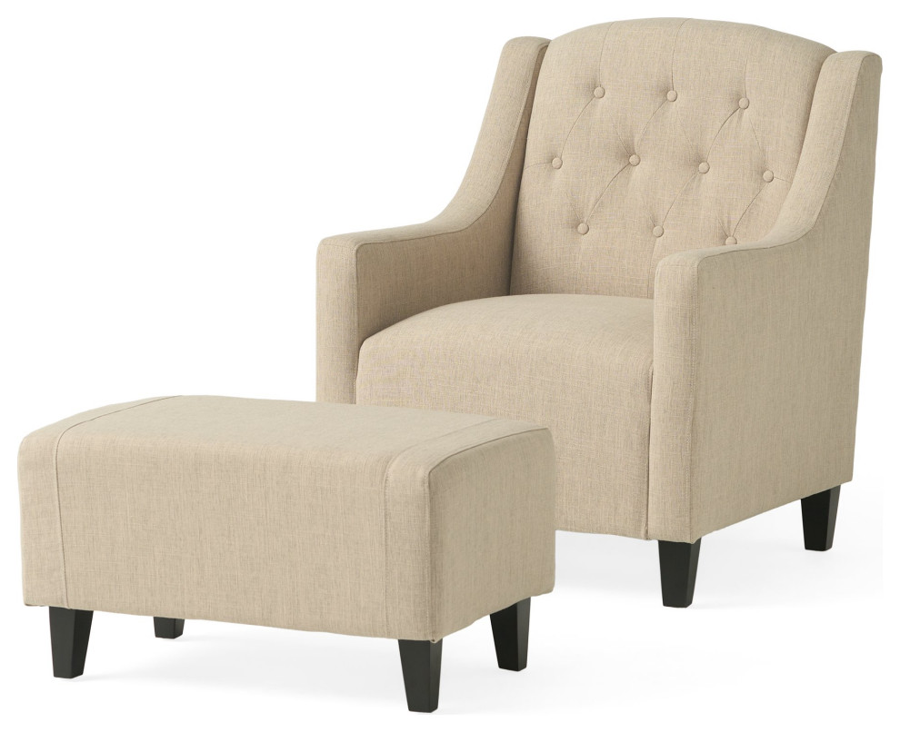 Traditional Accent Chair, Ottoman, Polyester Seat With Sloped Arms