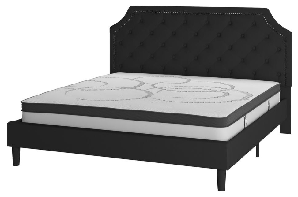 Brighton King Size Tufted Upholstered Platform Bed in Black Fabric with 10...