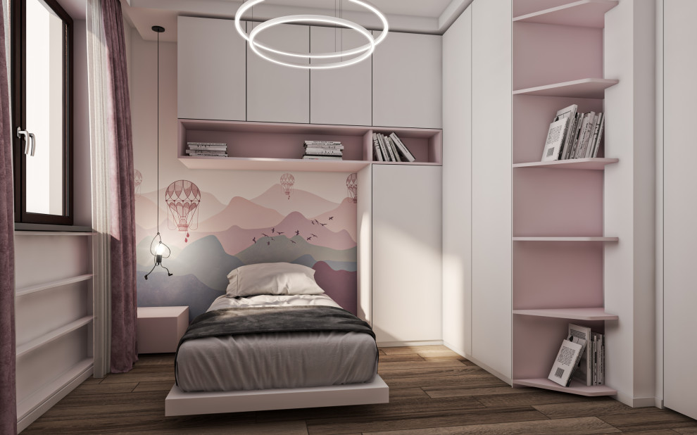 Inspiration för ett funkis barnrum kombinerat med sovrum, med vita väggar