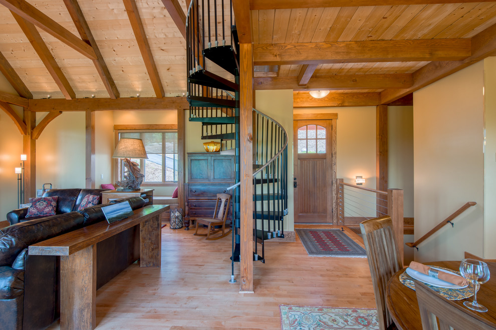 Single front door - rustic medium tone wood floor single front door idea with a medium wood front door