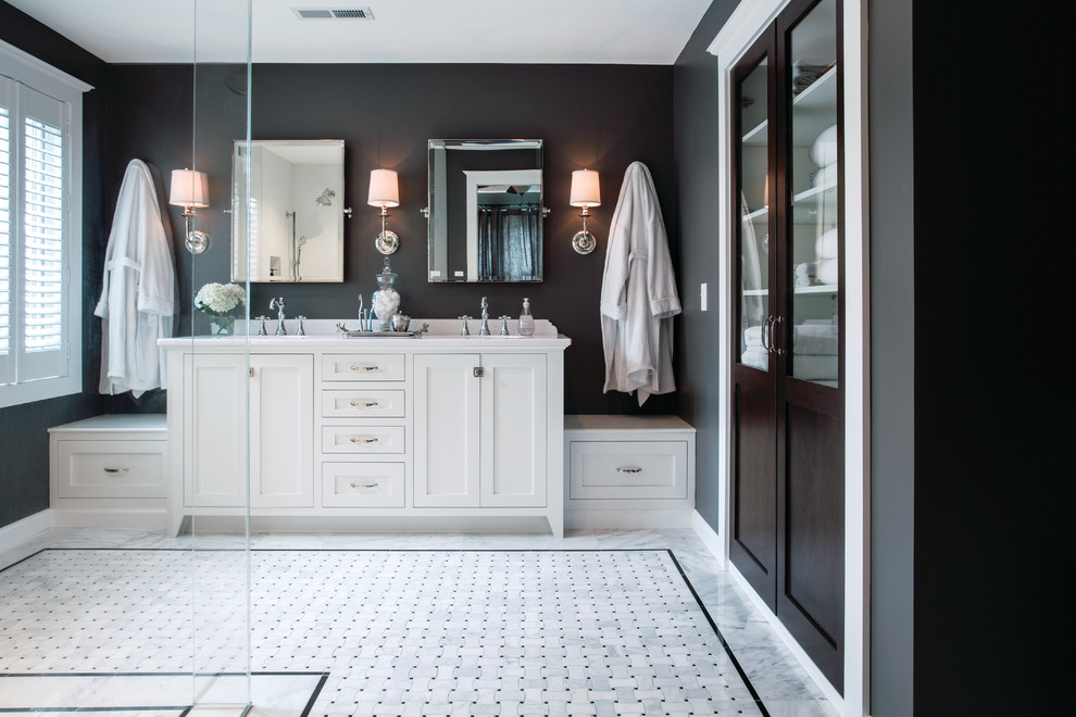 Photo of a contemporary master bathroom in Providence with a curbless shower, black and white tile, grey walls and marble floors.
