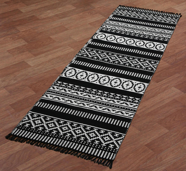 Black Geo Cotton Rug Contemporary Hall And Stair Runners by St