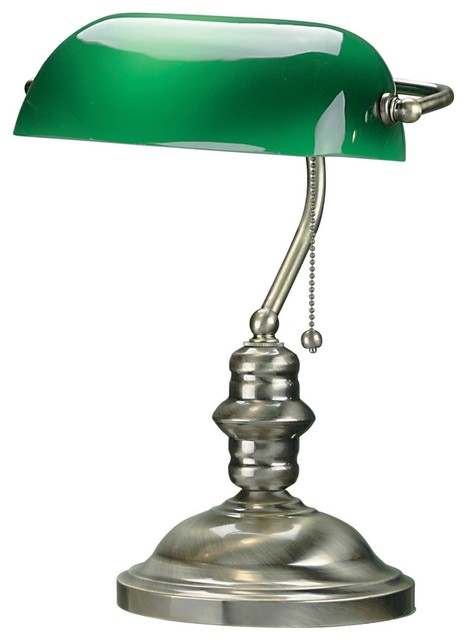 Banker'S Lamp, Antique Brass, Green Glass Shd, E27 Cfl 13W