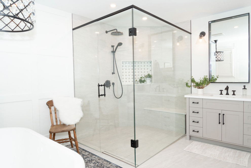 Photo of a small modern shower room bathroom in Perth with shaker cabinets, grey cabinets, a corner shower, white tiles, ceramic tiles, porcelain flooring, a vessel sink, engineered stone worktops, grey floors, a hinged door, white worktops, a single sink and a freestanding vanity unit.