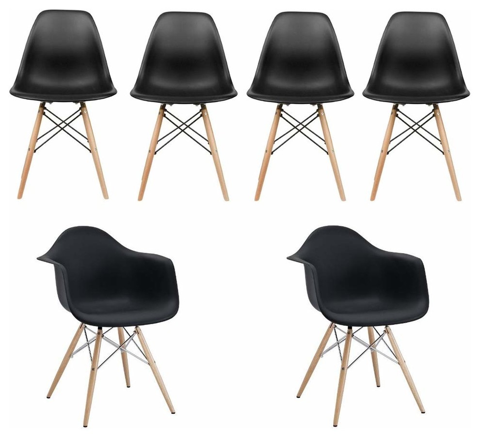 Modern Design Eiffel Dining Chairs Natural Wood Legs Black Set of 6
