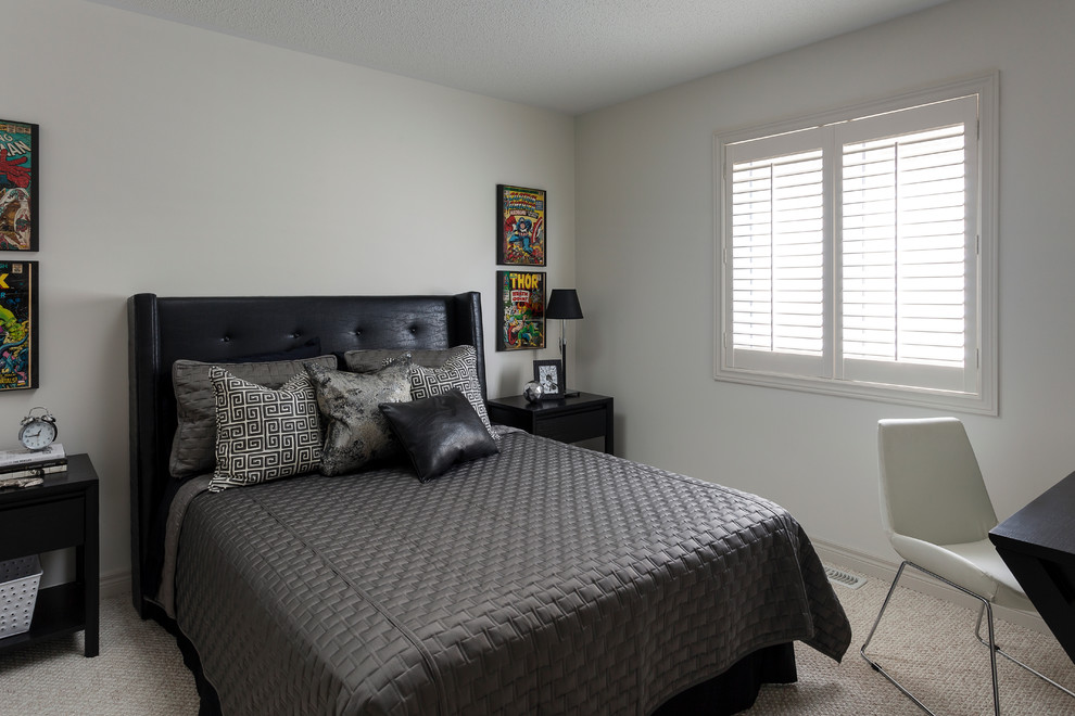 Large transitional master bedroom in Toronto with white walls, carpet, no fireplace and beige floor.