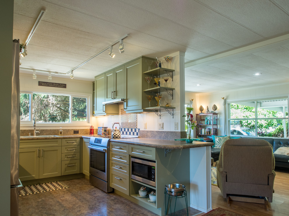 Inspiration for a small transitional u-shaped vinyl floor and brown floor enclosed kitchen remodel in Seattle with a drop-in sink, recessed-panel cabinets, green cabinets, laminate countertops, brown backsplash, stainless steel appliances, no island and brown countertops