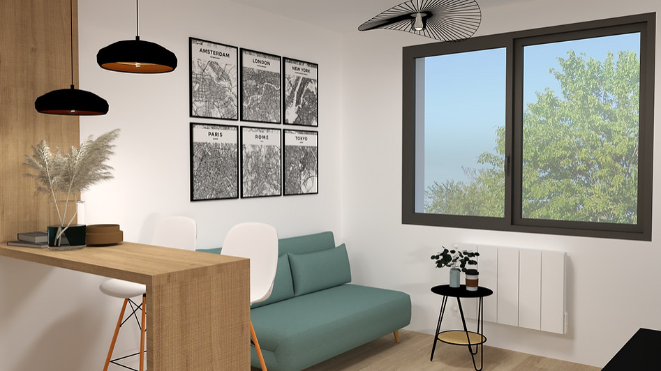 Kleines, Offenes Skandinavisches Wohnzimmer ohne Kamin mit Hausbar, weißer Wandfarbe, hellem Holzboden und freistehendem TV in Lyon