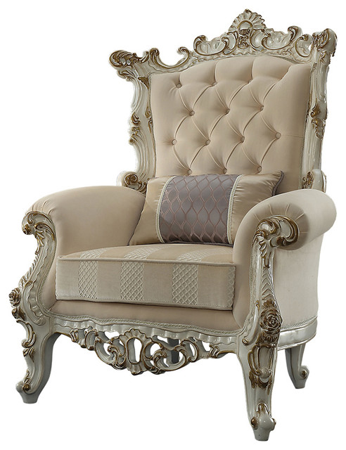 Wooden Accent Chair With Artistic Polyresin Carvings, Antique White & Cream