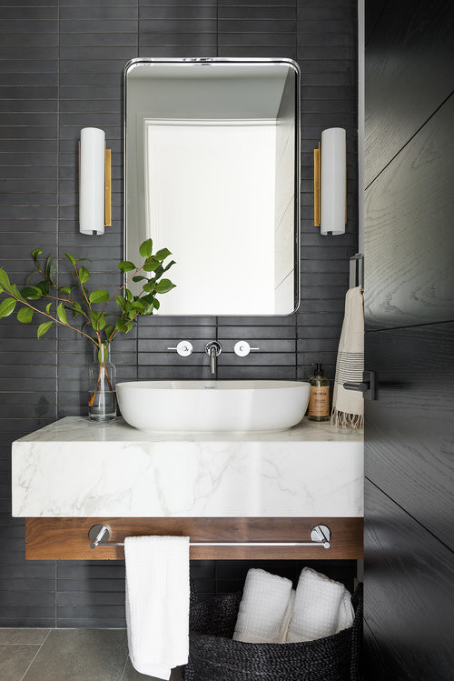 Design ideas for a mid-sized modern kids bathroom in Salt Lake City with dark wood cabinets, a corner shower, black tile, black walls, ceramic floors, marble benchtops, grey floor, a hinged shower door and multi-coloured benchtops.