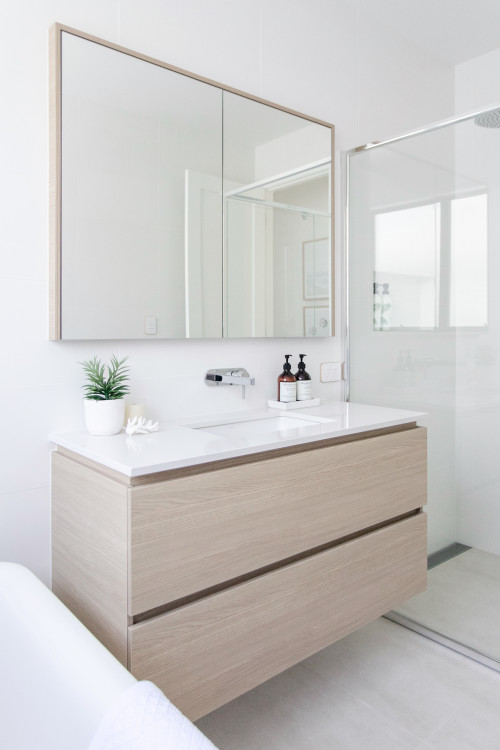 Coastal bathroom modern with oak timber vanity