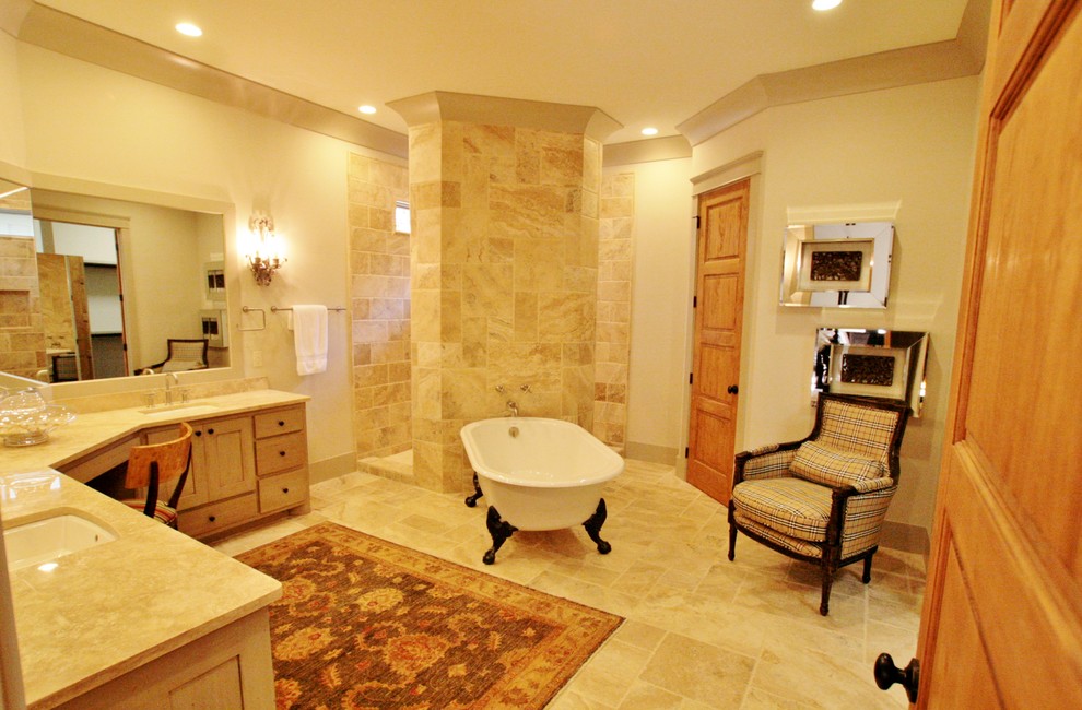 Mid-sized arts and crafts master bathroom in Other with beaded inset cabinets, light wood cabinets, a freestanding tub, a corner shower, beige walls, ceramic floors, a drop-in sink and granite benchtops.
