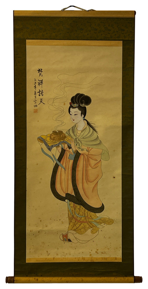 Chinese Color Ink Tong Style Lady Portrait Scroll Painting Wall Art Hws3037