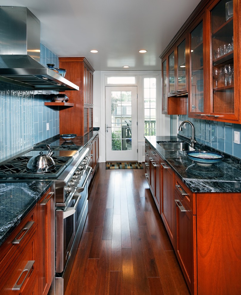 This is an example of a contemporary galley separate kitchen in DC Metro with glass-front cabinets, stainless steel appliances, granite benchtops, an undermount sink, dark wood cabinets, blue splashback and subway tile splashback.