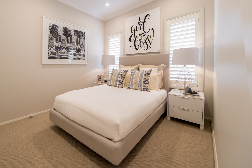 Photo of a contemporary guest bedroom in Brisbane with carpet and no fireplace.