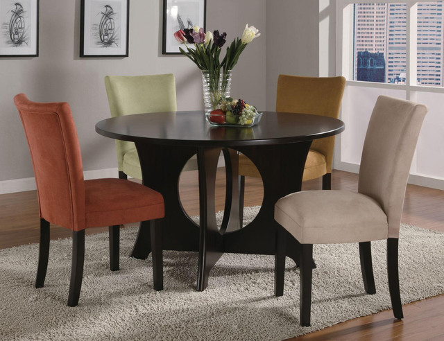 F 5 PC Black Wood Dining Set 52"D Round Table Chairs Microfiber Seat