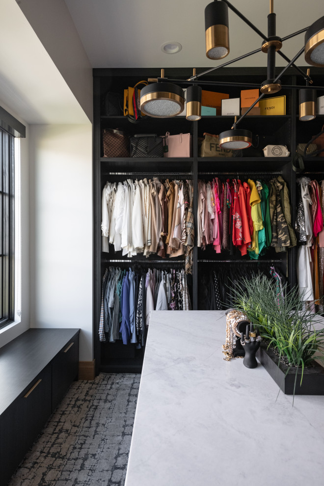 Diseño de armario vestidor unisex moderno grande con armarios con paneles lisos, puertas de armario negras, moqueta y suelo multicolor
