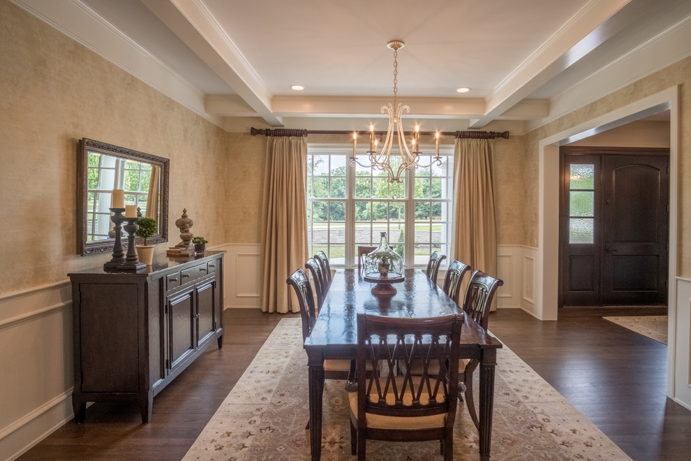 Example of a large transitional dark wood floor kitchen/dining room combo design with yellow walls and no fireplace