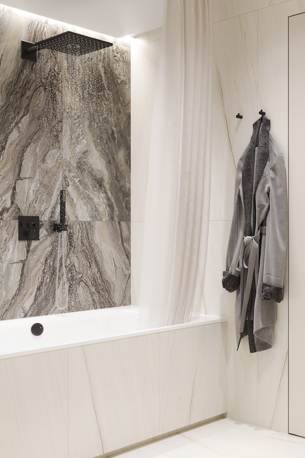 Белые интерьеры спальни и ванной комнаты