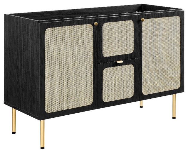 Modway Chaucer 48" Wood & Rattan Bathroom Vanity Cabinet in Black ...