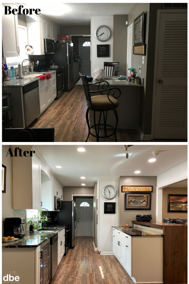 Example of a mid-sized transitional galley laminate floor and brown floor eat-in kitchen design with an undermount sink, recessed-panel cabinets, white cabinets, granite countertops, stainless steel appliances and multicolored countertops