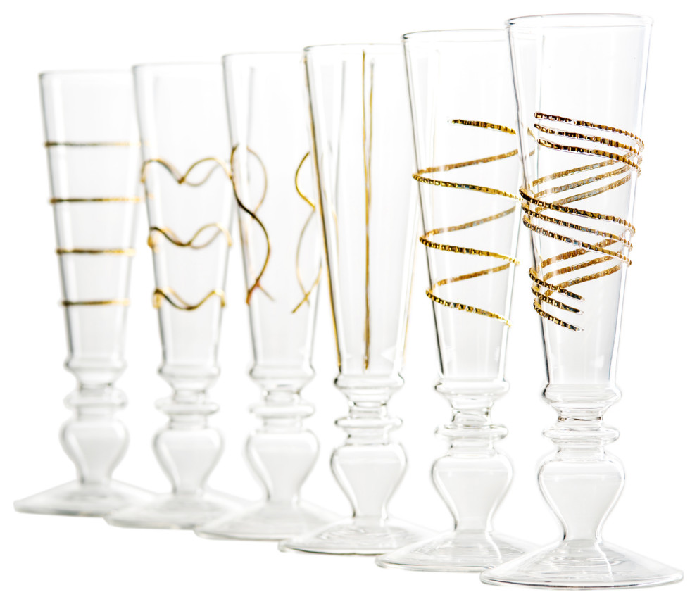 Footed Razzle Dazzle Champagne Flutes with Gold Accents, Set of 6