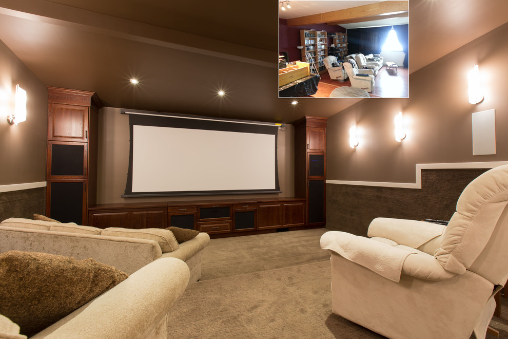 This is an example of a mid-sized transitional home theatre in Edmonton with brown walls, carpet and a projector screen.