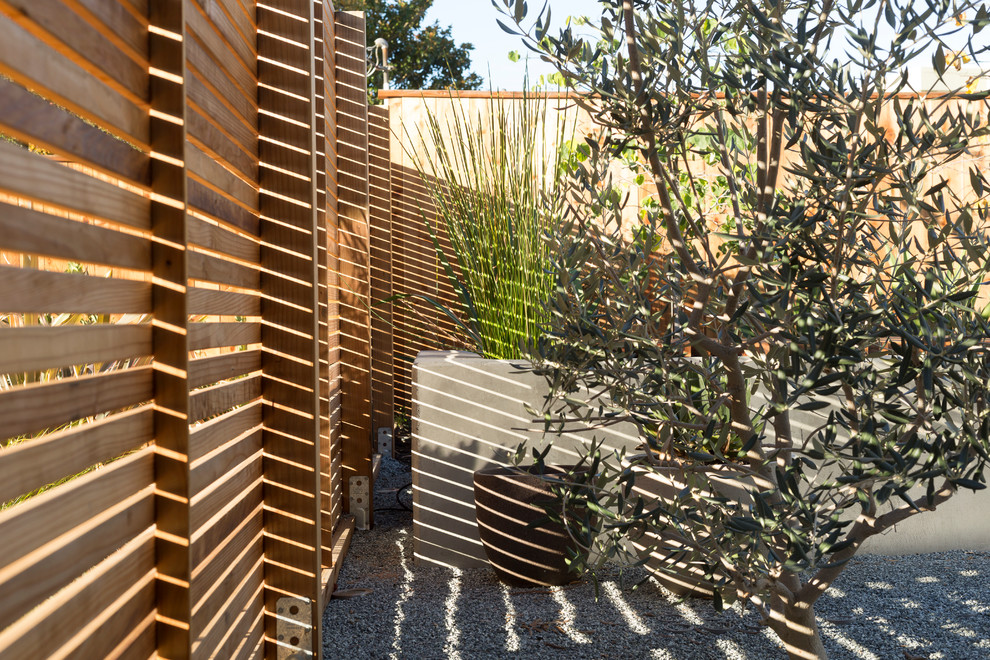 Expansive midcentury side yard full sun xeriscape in San Francisco with a water feature, gravel and a wood fence.