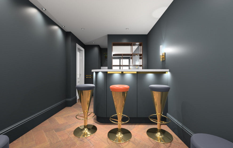 Ispirazione per un angolo bar senza lavandino stile americano di medie dimensioni con lavello integrato, ante a filo, ante blu, parquet scuro e pavimento marrone