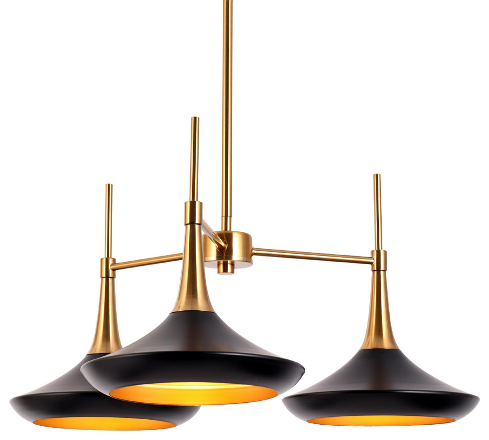 LNC Pheme 3-Light Matte Black and Polished Gold Linear Modern Indoor Chandelier