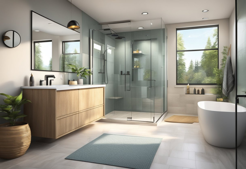 A bathroom with a shower and a bathtub