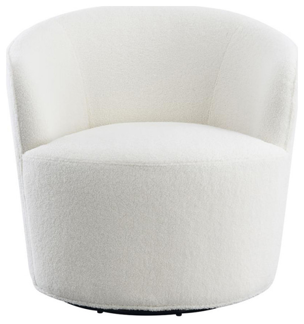 Fabric Upholstered Swivel Barrel Chair, White Transitional
