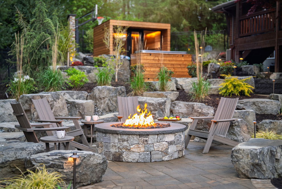 Patio - rustic patio idea in Seattle with a fire pit and no cover